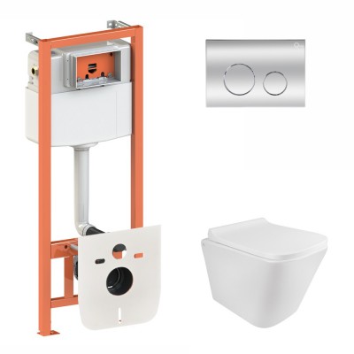 Комплект 5 в 1: Инсталляция Qtap Nest 4 в 1 (круглая клавиша Chrome)+Подвесной унитаз Tern Rimless 490x340x350(36919)
