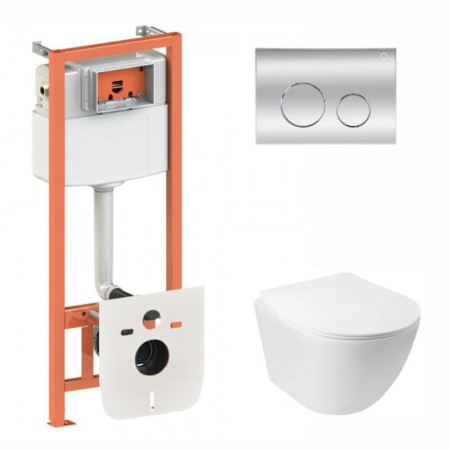 Комплект 5 в 1: Инсталляция Qtap Nest 4 в 1 (круглая клавиша Chrome)+Подвесной унитаз Jay Ultra Quiet 485x360x320(45137)