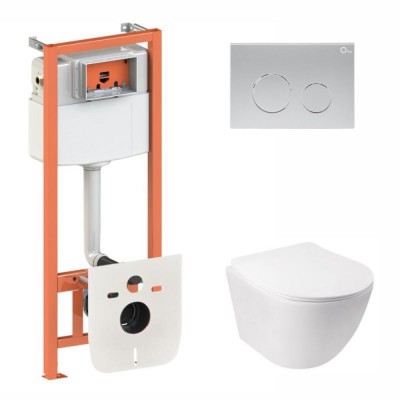 Комплект 5 в 1: Инсталляция Qtap Nest 4 в 1 (круглая клавиша Satin)+Подвесной унитаз Jay Ultra Quiet 485x360x320(45138)