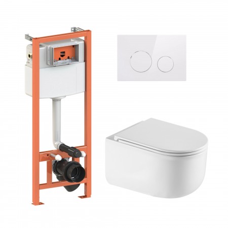 Комплект 5 в 1: Інсталяція Qtap Nest 4 в 1 (кругла клавіша White)+Підвісний унітаз Taurus Ultra Quiet 490x360x380(46146)