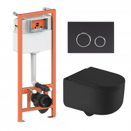 Комплект 5 в 1: Инсталляция Qtap Nest 4 в 1 (круглая клавиша Black mat)+Подвесной унитаз Taurus Ultra Quiet 490x360x380(46186)