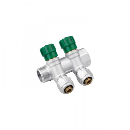 Колектор з перекриттям Karro на 2 виходи 3/4” x16 ВЗ нікельований KR-17020
