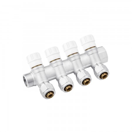 Колектор з перекриттям Karro на 4 виходи 3/4” x16 ВЗ нікельований KR-17020