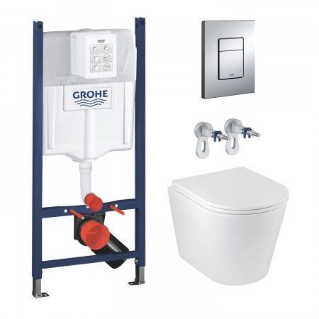 Комплект 4 в 1: Інсталяція GROHE Solido 3 в 1 (3884966Q)+Підвісний унітаз безободковий Kroner Armada (WHI513636) RIMLESS з сидінням Slim Duroplast / Soft-close / Quick relase