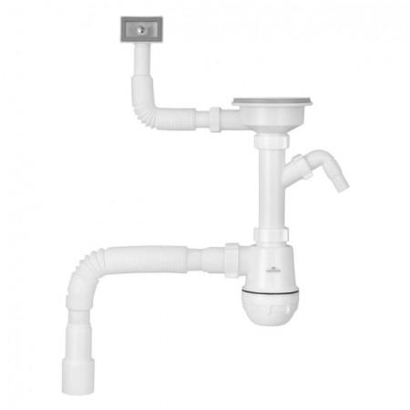 Сифон для кухонной мойки Kroner KRP KS02-1WHI 3 1/2"х40/50 мм с отводом для стиральной машины, с квадратным переливом